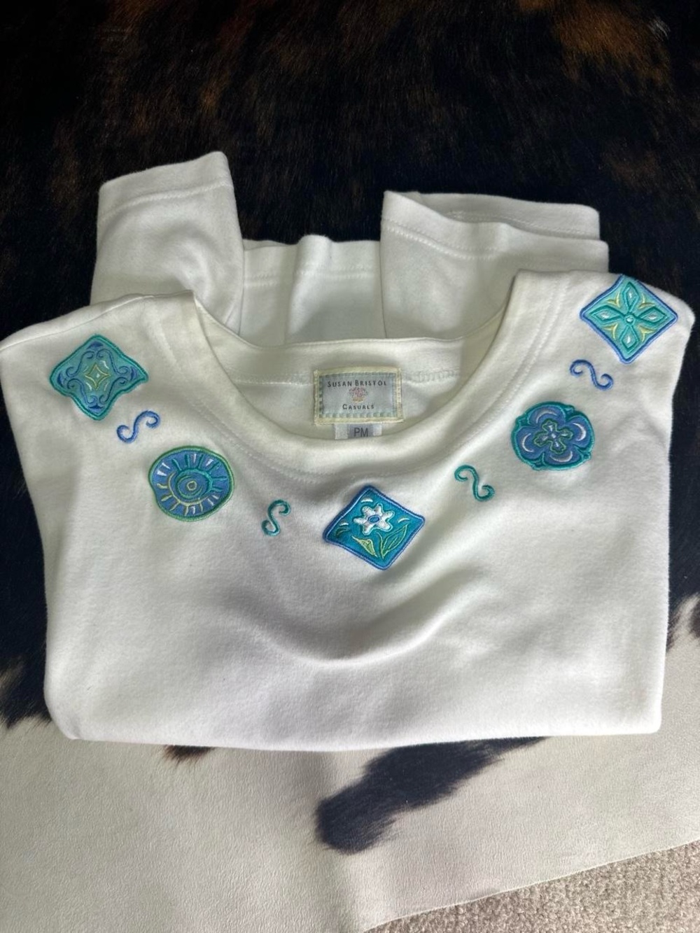 Susan Bristol White Embroidered Top with Teal, Aqua & Blue Motifs